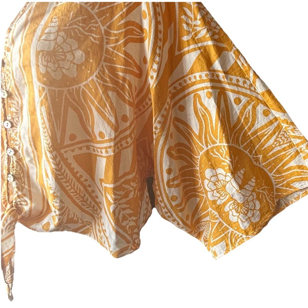 C&C California Linen Cropped Tie Front Blouse Womens Large Yellow Boho Summer - Picture 5 of 13